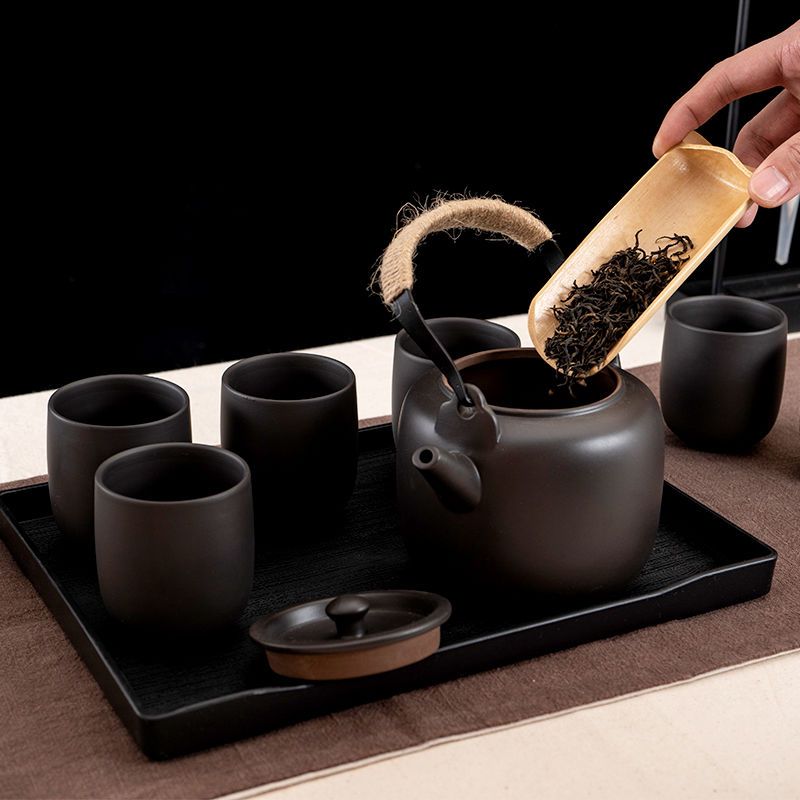整套紫砂功夫茶具 陶瓷家用客厅现代提梁壶 大号茶壶茶杯茶盘套装 原矿提梁壶 黑