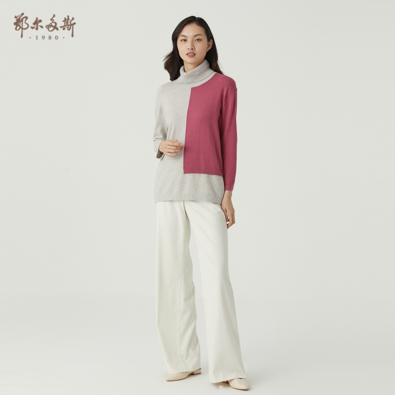 鄂尔多斯1980 秋冬樽领提花女针织衫拼接撞色高领羊绒针织衫