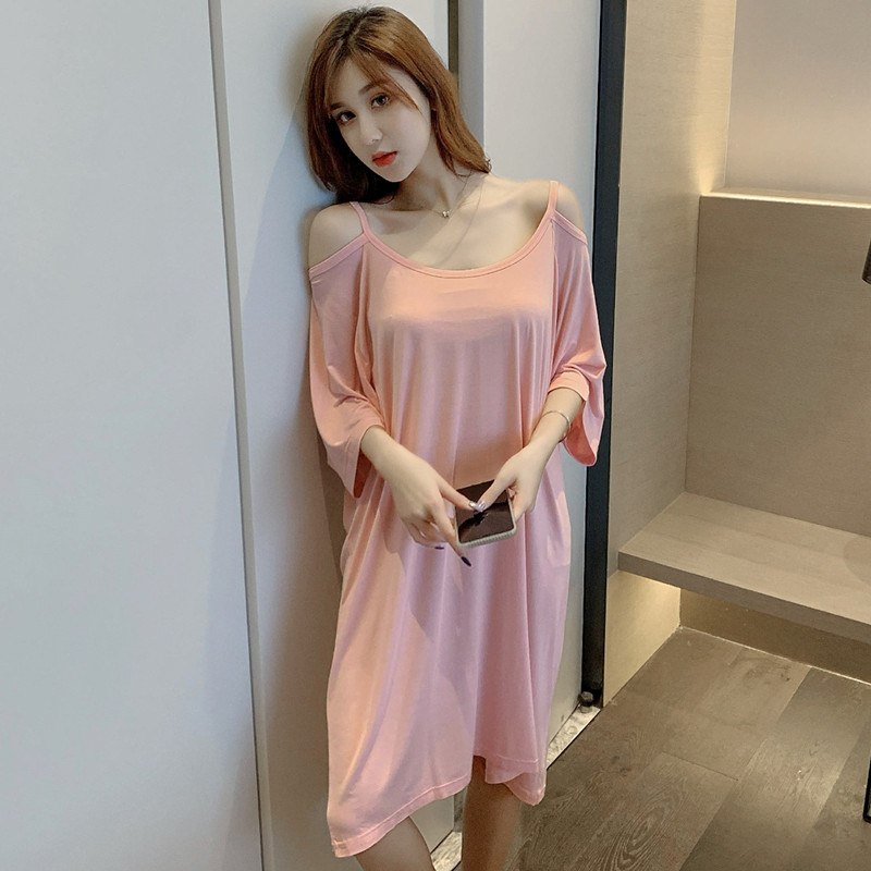 夏季韩版睡裙女莫代尔纯棉薄款短袖大码睡衣性感露肩春秋连衣裙子