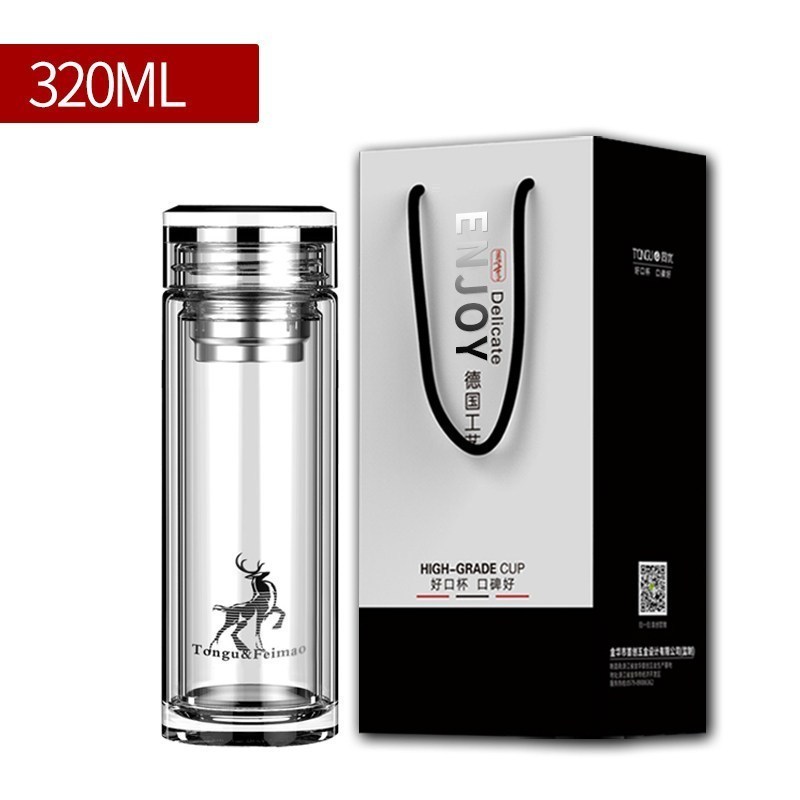 家柏饰(CORATED)双层玻璃杯男加厚过滤家用水杯商务便携茶杯带盖创意泡茶杯子 彩盒380ML+杯套高清大图