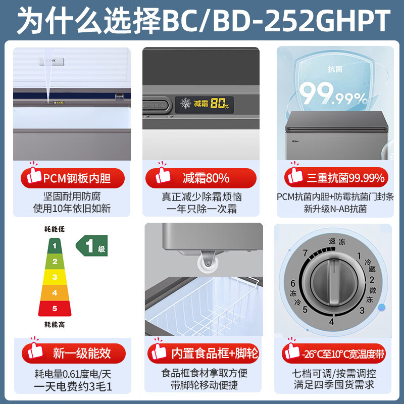 海尔冰柜家用大容量252升无需频繁除霜小型冷冻柜冷藏柜保鲜速冻柜BC/BD-252GHPT