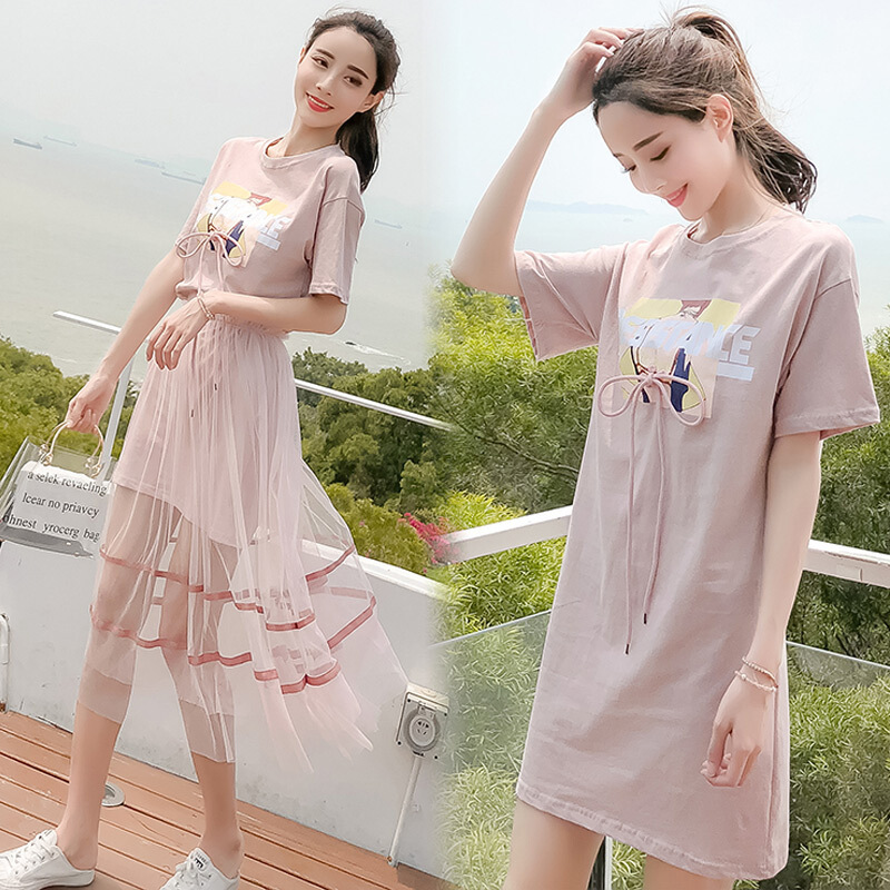 连衣裙女夏2018韩版学生显瘦T恤小清新网纱ins裙子两件套装裙yy