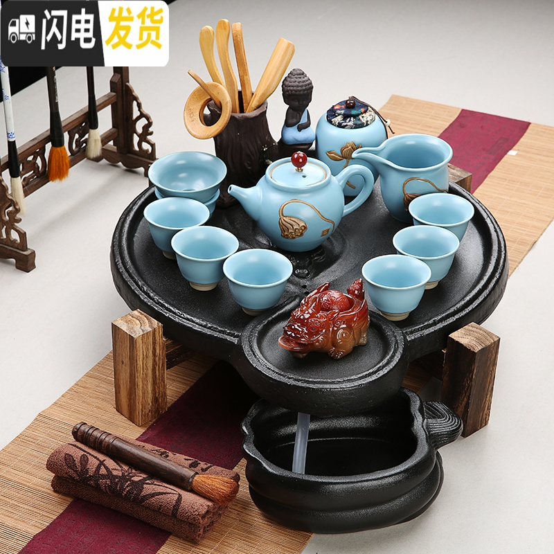 三维工匠家用石磨茶盘黑陶粗陶手绘紫砂哥窑汝窑功夫茶具陶瓷茶台茶托干泡 石磨小茶盘+黑陶茶具套组 20件