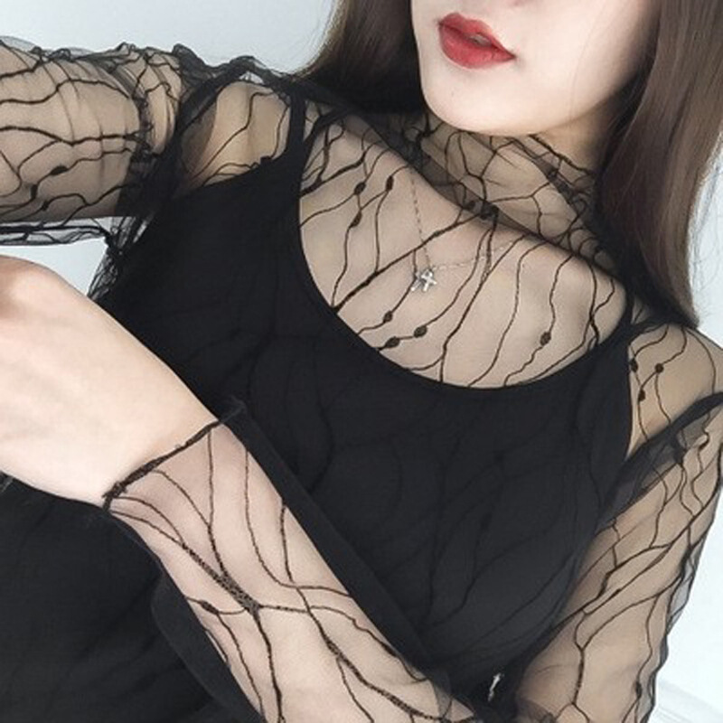 迪鲁奥(diluao)[渔网打底衫]镂空网纱上衣女性感透明网格渔网修身型袖