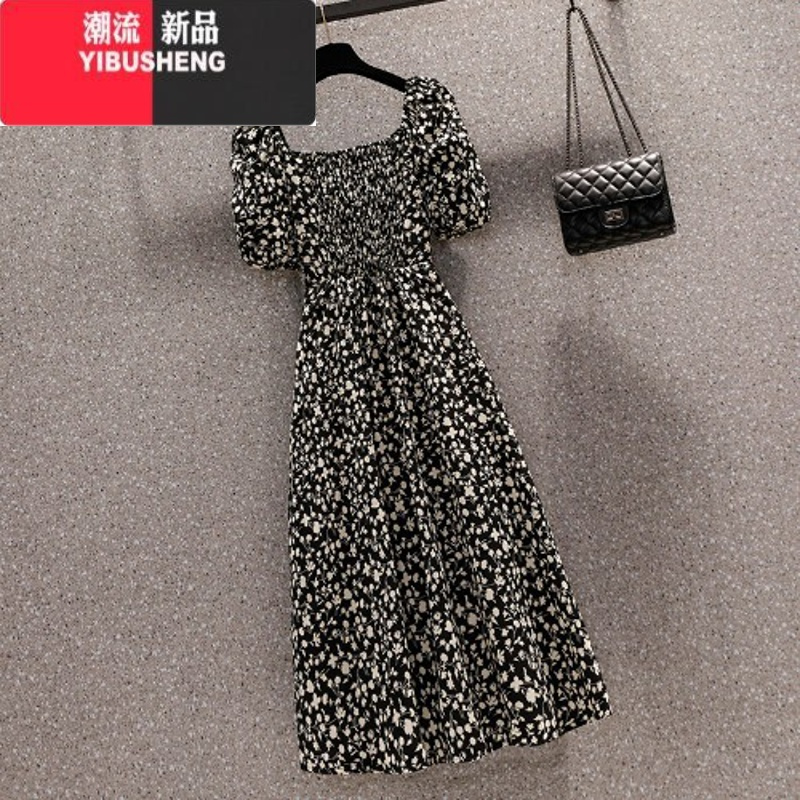 YIBUSHENG大码女装显瘦碎花连衣裙2024年季新款胖MM方领泡泡袖开叉A字裙