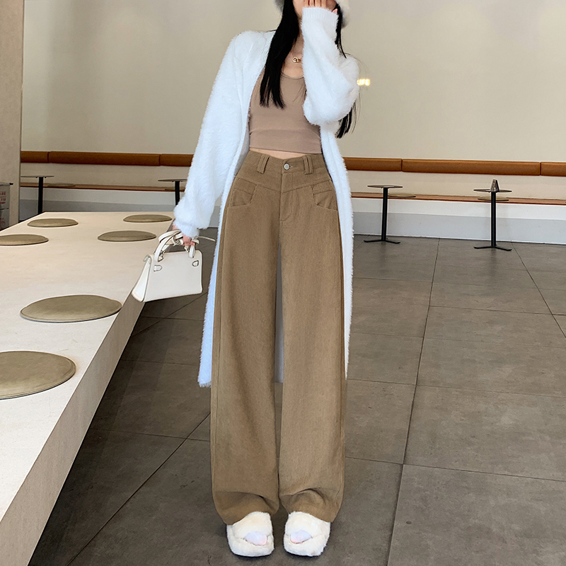 班俏banqiao卡其色灯芯绒阔腿裤女加绒加厚秋冬2023年高腰休闲显瘦