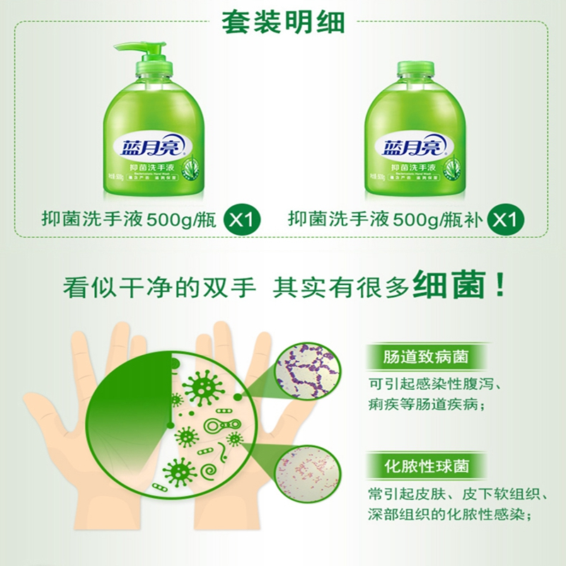 蓝月亮洗手液杀菌消毒液300ml家用免洗泡沫型抑菌滋润补充装500g