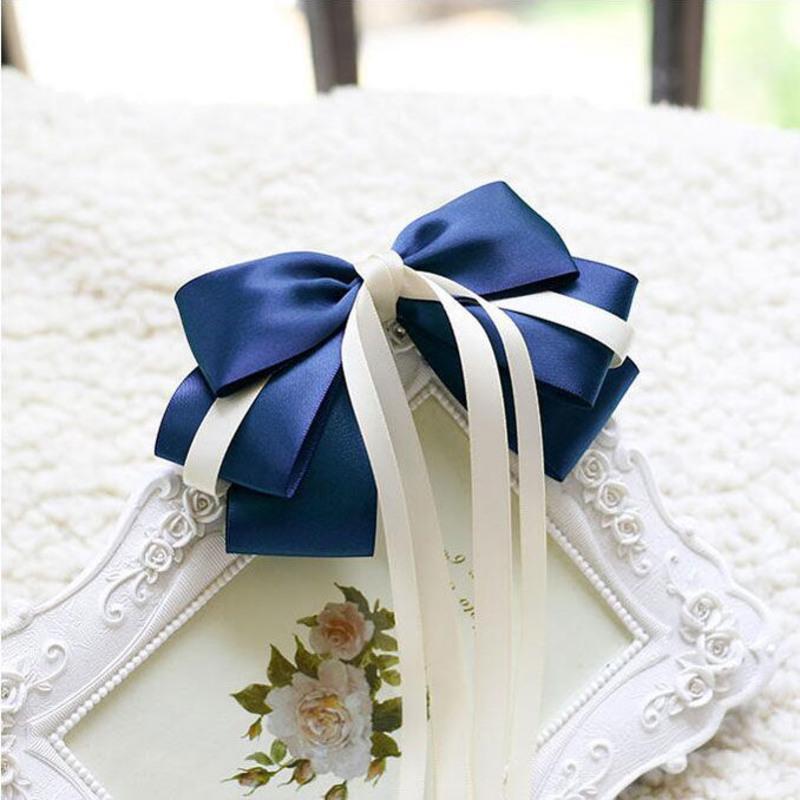 双11韩版女孩头饰品古装发卡大号蝴蝶结发夹长飘带精美发藏青色配优质