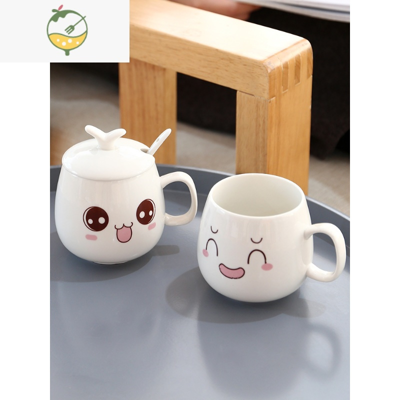 yicheng陶瓷马克杯咖啡杯创意少女可爱卡通杯子带盖勺喝水杯麦片杯