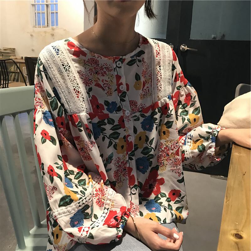 春装韩版复古蕾丝拼接碎花娃娃衫宽松套头长袖衬衫女上衣打底衫 图片色 均码