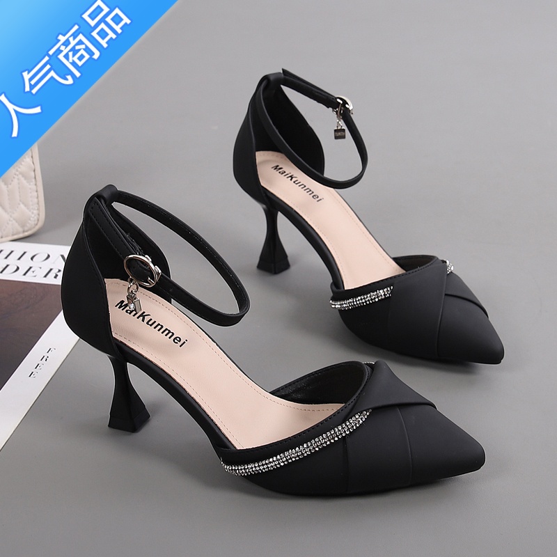 SUNTEK一字带百搭中跟尖头细跟单鞋包头凉鞋女2023年新款夏头季中跟高清大图