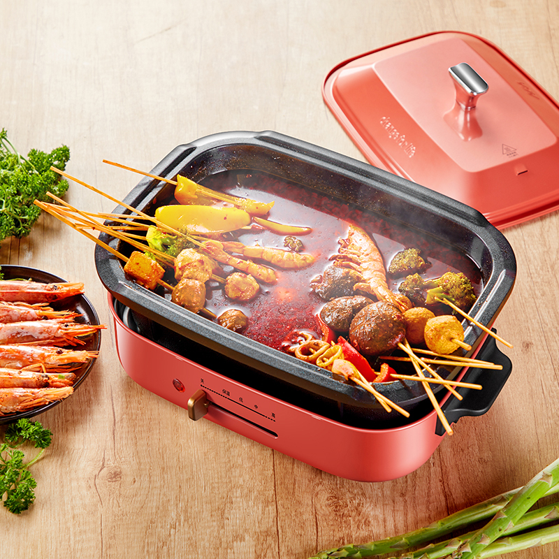北美电器(ACA)多功能料理锅AH-MP1200 家用多功能锅料理锅 电烧烤锅电火锅蒸锅家用电烤锅烤肉机 橘色标配
