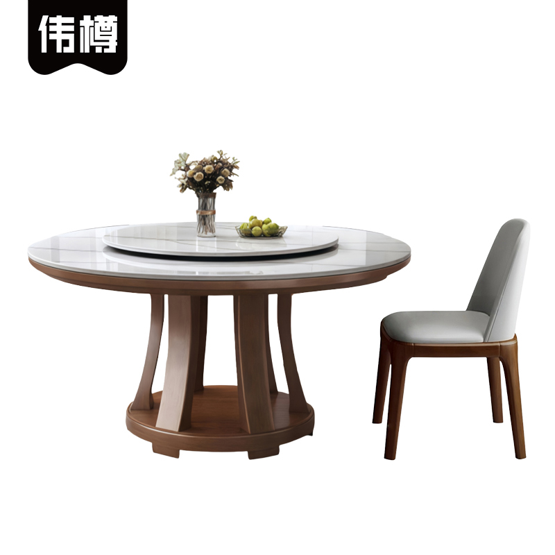 伟樽岩板实木餐桌150*150*76cm+椅子*8套高清大图