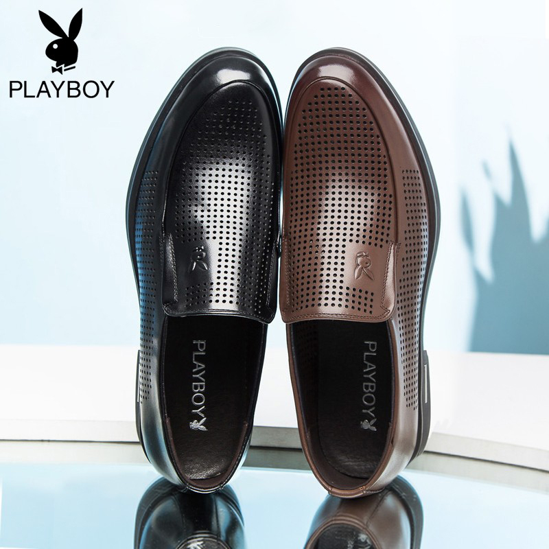 花花公子男鞋夏季镂空透气商务休闲皮鞋男士真皮潮流软底爸爸鞋子
