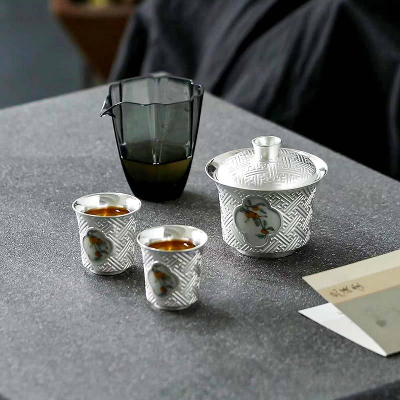 MULTIPOTENT整套茶具鎏银功夫茶具套组柿柿如意盖碗套装郑文强大师作品可收藏高清大图