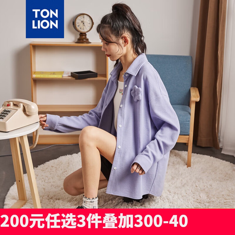 [2.5折价69元]唐狮初秋新款长袖衬衫女休闲运动overize衬衣外套学院风上衣J