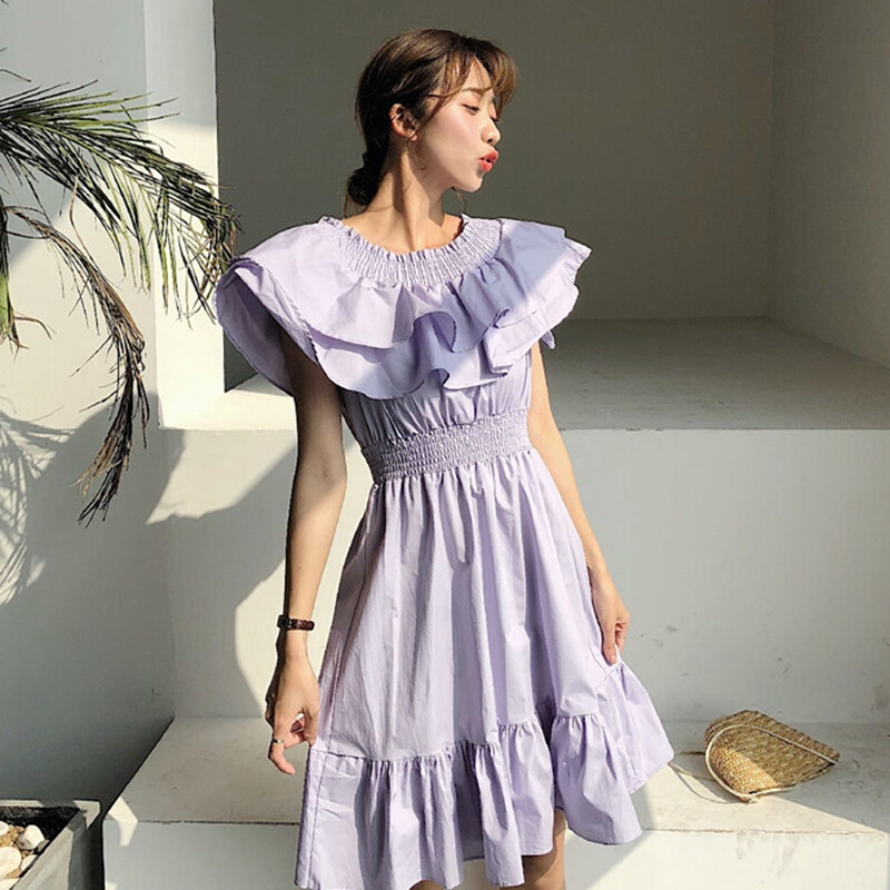 夏季韩版宽松无袖一字领露肩两穿荷叶边松紧腰连衣裙女 神秘紫 均码