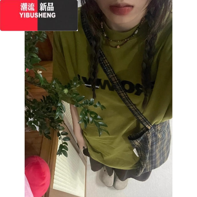 YIBUSHENG潮牌美式复古字母印花正肩短袖t恤女季设计感小众大版半袖上衣高清大图