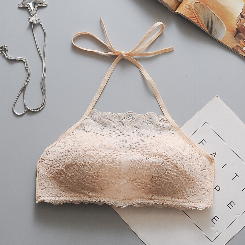 少抹胸蕾丝带挂脖带胸垫内衣背裹胸打底无钢圈文胸胸罩黑均