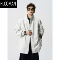HLCOMAN美式灰色开衫卫衣男款冬季国潮刺绣加绒情侣外套复古休闲立领夹克