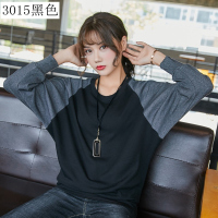 艳如飞棉打底衫春装新款长袖上衣拼接内搭大码女装圆领宽松蝙蝠衫t恤大码女装
