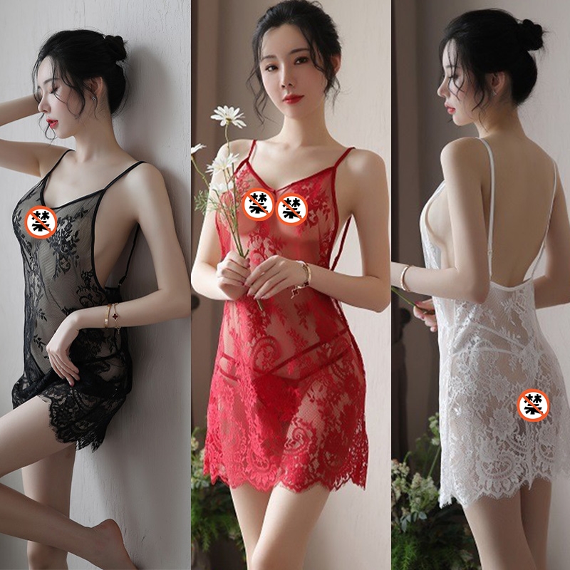 女士情趣内衣蕾丝透视露背吊带连衣裙女式情趣睡衣睡裙破洞开档免脱丁字内裤套装学生性感全透明诱惑薄款露毛长夜漫漫成人女性用品高清大图