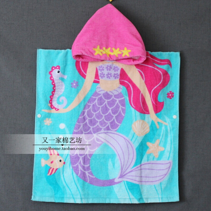 儿童斗篷浴巾连帽沙滩换衣浴袍美人鱼公主宇航员鲨鱼带扣可穿