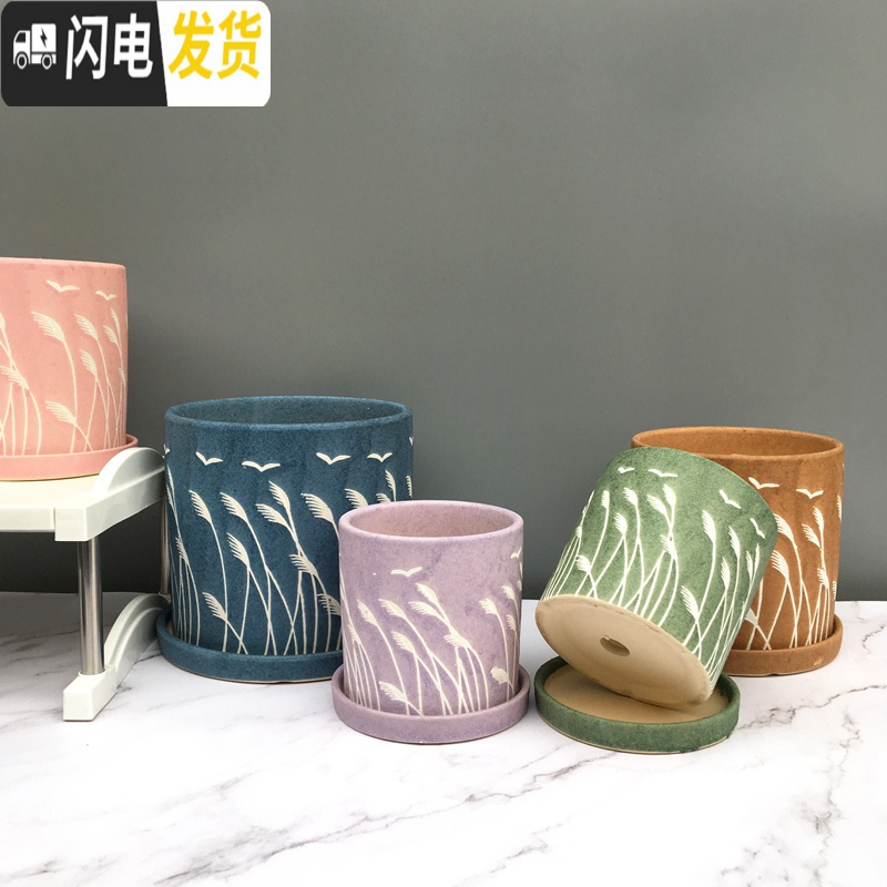 三维工匠粗陶瓷花盆带托盘绿萝吊兰花多肉大号家用室内简约 蓝色芦苇+配陶瓷托盘 小号直径13cm高14cm花盆容器高清大图