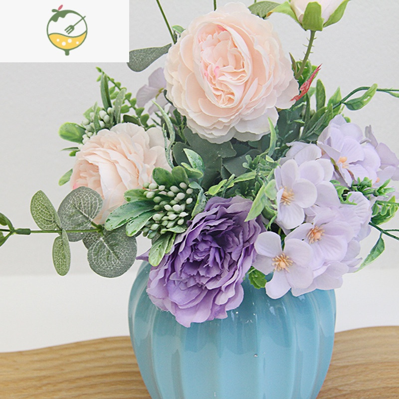 yicheng北欧餐桌陶瓷花瓶蓝色白色花器花插牡丹花尤加利花艺组合套装