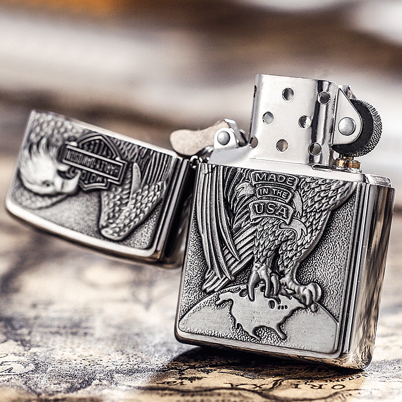 美国zippo打火机芝宝哈雷地球鹰200hdh231拉丝贴章哈雷雄鹰展翅商标