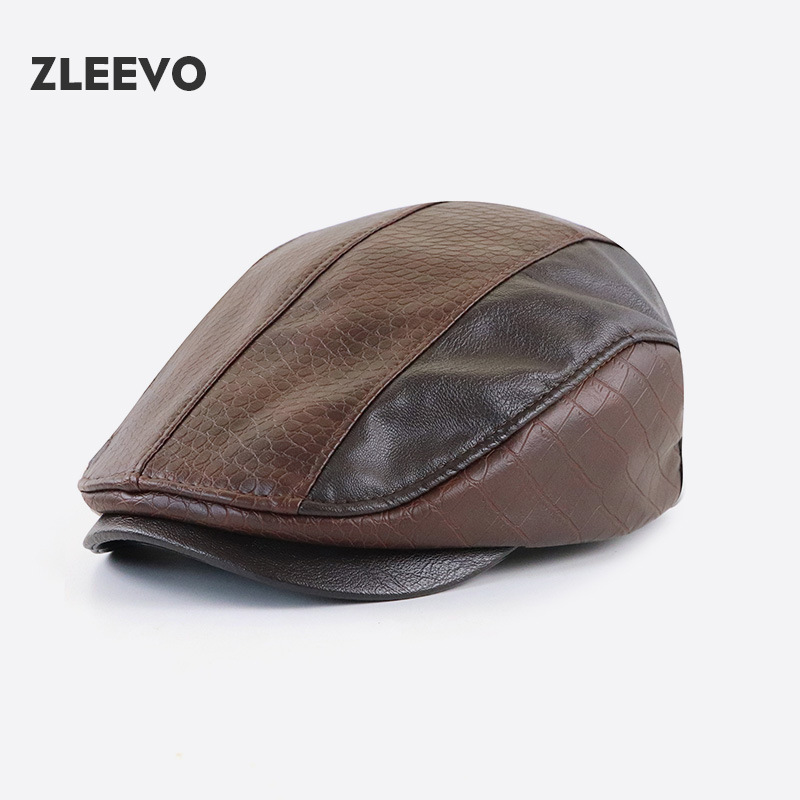 / 春秋冬季时尚复古PU皮鸭舌帽文艺拼接中年老年前进帽