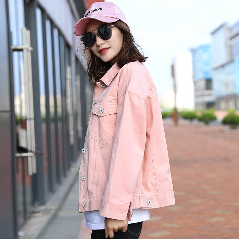糖果色牛仔外套女宽松韩版小清新学生粉色牛仔衣女夹克春秋bf风潮
