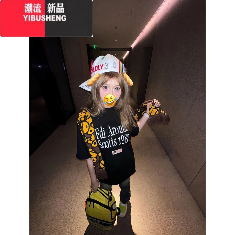 YIBUSHENG美式复古黑色短袖t恤女2024季设计感小众潮牌宽松半袖上袖高清大图