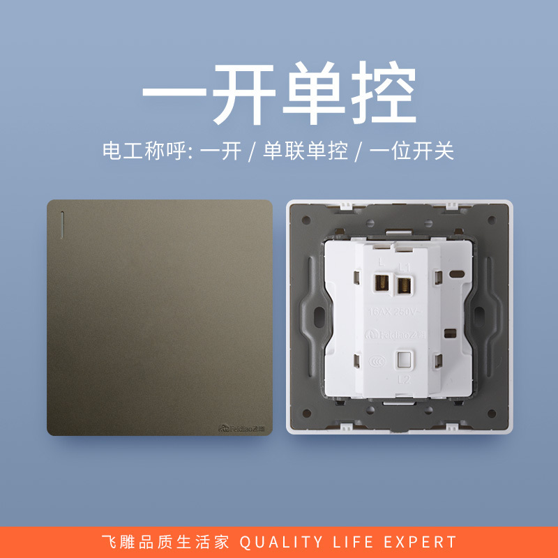 飞雕(FEIDIAO)开关插座86型家用暗装 超大面板钢支架 雕琢系列电源墙壁开关面板 雕琢灰一开单控