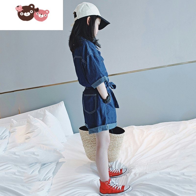 绿彩虹光女童连体裤2022夏装新款儿童牛仔短袖连体衣中大童洋气工装连身裤
