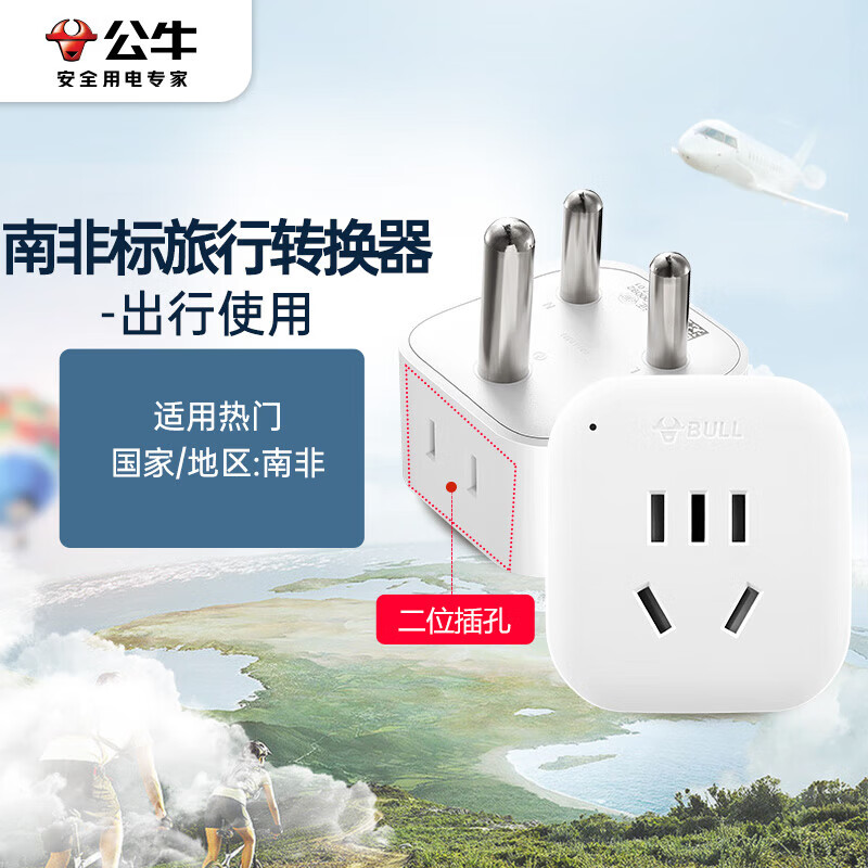 公牛(BULL)2位南非标转国标电源转换器插座/转换插头 适合国外使用 GN-L01N 无开关 单位:个高清大图