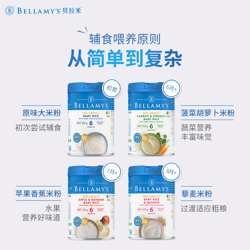贝拉米(Bellamy’s)有机婴幼儿辅食胡萝卜菠菜米粉225g/罐6月+