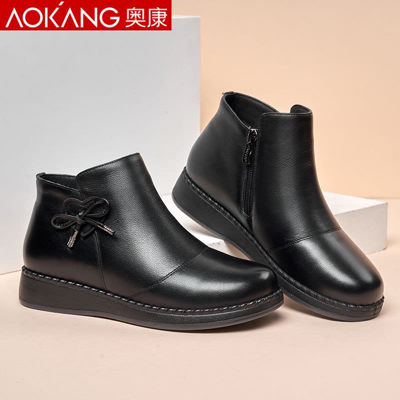 奥康棉鞋女冬季加绒保暖短靴女高帮中老年妈妈棉皮鞋图片