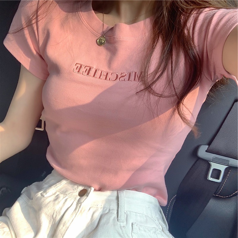 字母刺绣夏装韩国新款短袖T恤女修身显瘦学生衣服女上衣女装