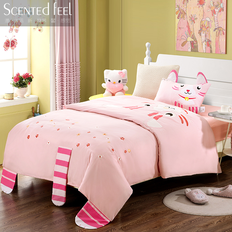美帮汇韩式儿童全棉三四件套全棉绣花被套床单男女童小床品套件1.2