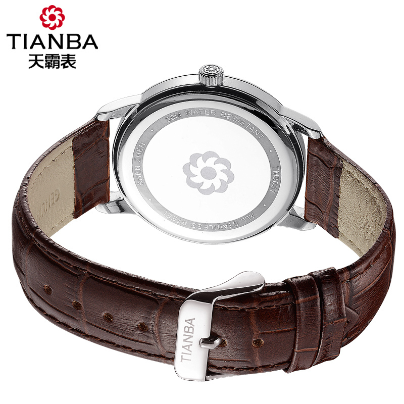 天霸(TIANBA)名仕系列男士手表简约时尚商务休闲皮带情侣手表 石英表 男TM3037.02PC 皮带白盘