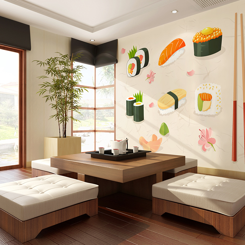 壹德壹墙纸/墙布 日式寿司主题餐厅墙纸 复古满铺大型 手绘无纺布壁纸