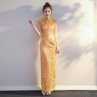 少女旗袍礼服女长款2018新款金色时尚显瘦年会晚会聚会走秀演出裙
