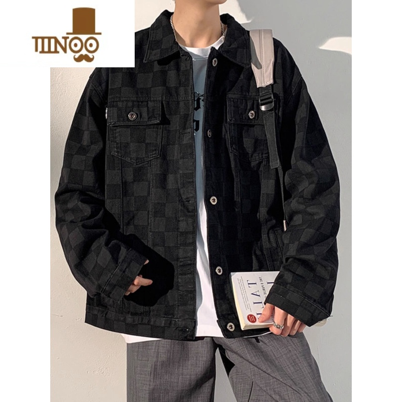 YANXU欧美高街牛仔外套男生秋季款潮牌ins美式工装百搭格子夹克上衣服高清大图