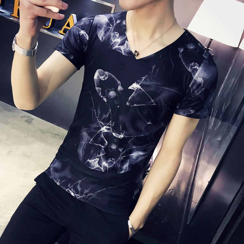 2018春夏年轻男式短袖t恤个性花色v领半袖t恤帅气修身上衣体恤男