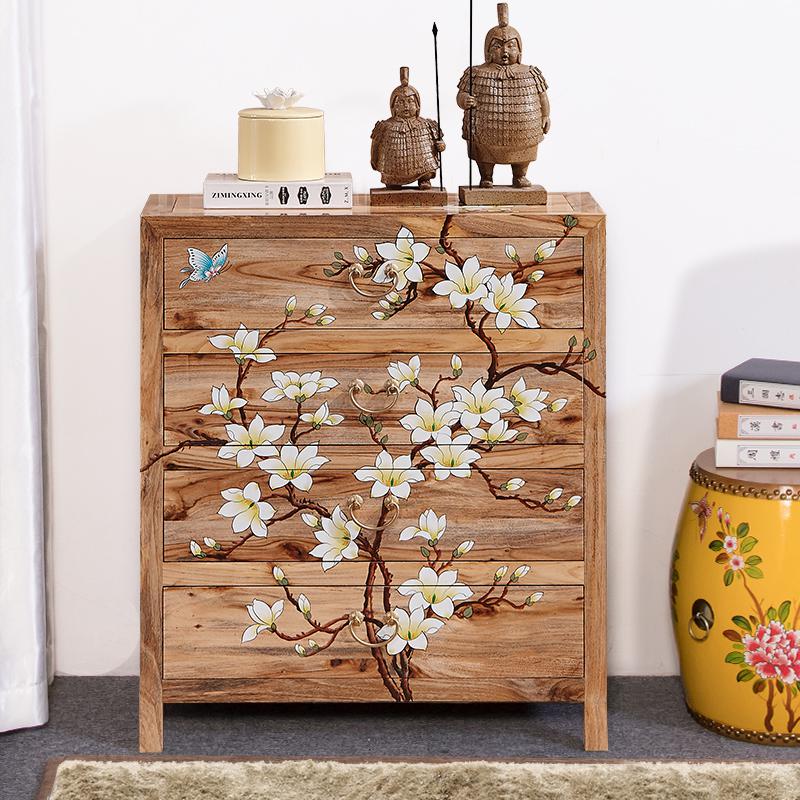 实木五斗柜简约现代抽屉储物柜客厅收纳卧室新中式香樟木四斗橱子 原木色四斗(79长*40宽*90高cm)整装