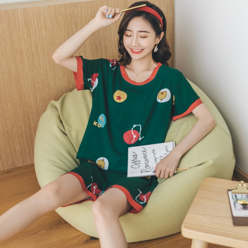 睡衣女夏季薄款棉绸套装女短袖短裤可爱宽松绵绸家居服两件套莎丞
