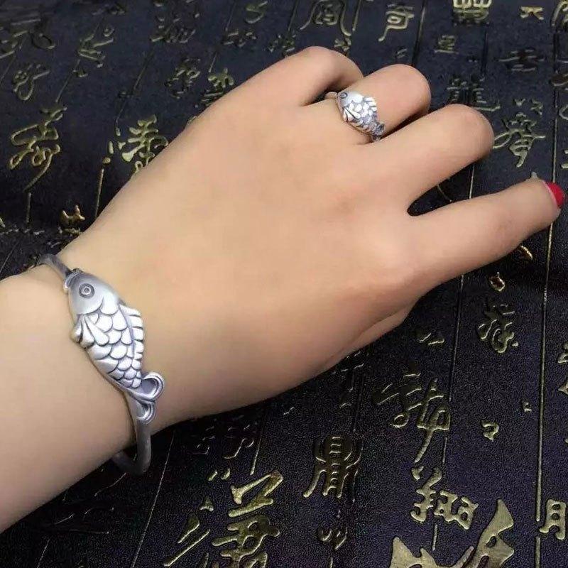 999足银鱼手镯 纯银年年有余银镯子 时尚复古女款 送女朋友礼物送女朋友老婆生日礼物