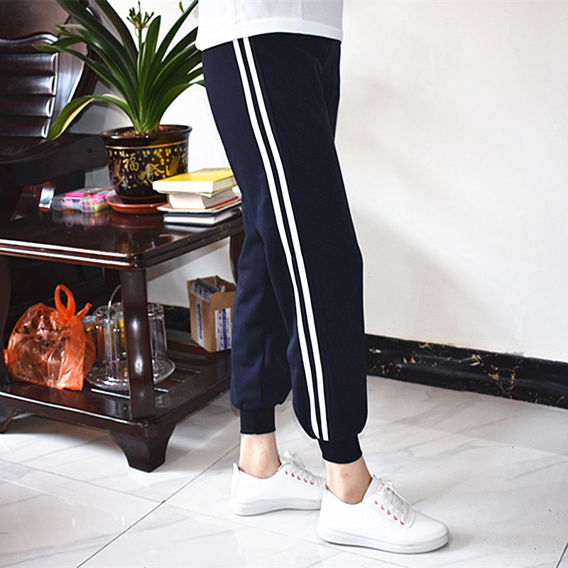 校服裤初高中小裤宽松直筒束口男女裤子一条杠深蓝色收脚