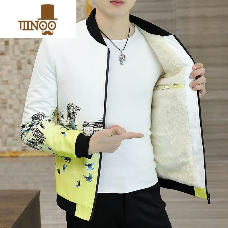 YANXU男士外套韩版修身加绒立领夹克男秋装个性潮男冬装加厚棉衣服图片